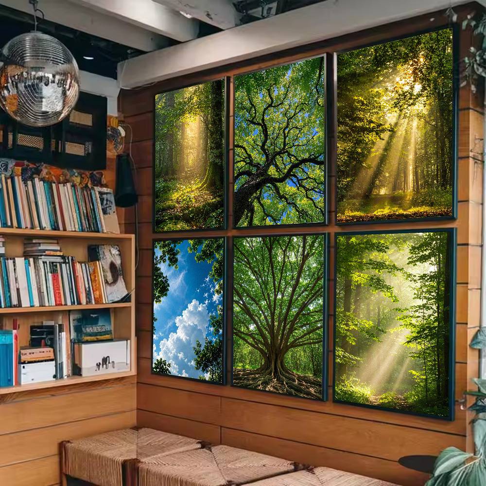 Wall Decor Lighting Tree - Постер «Лесной пейзаж с лучами солнца»,